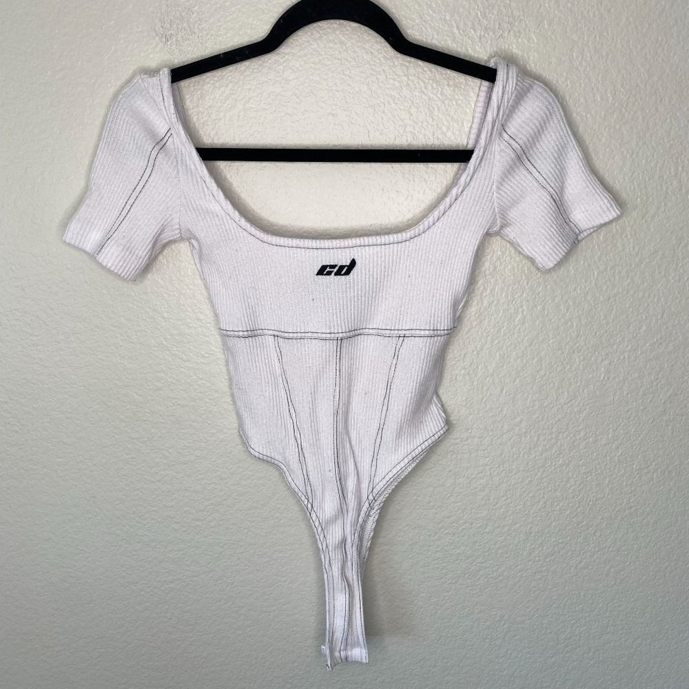 Dolls Kill Criminal Damage London White Ribbed CD Soft Short Sleeve Bodysuit 6